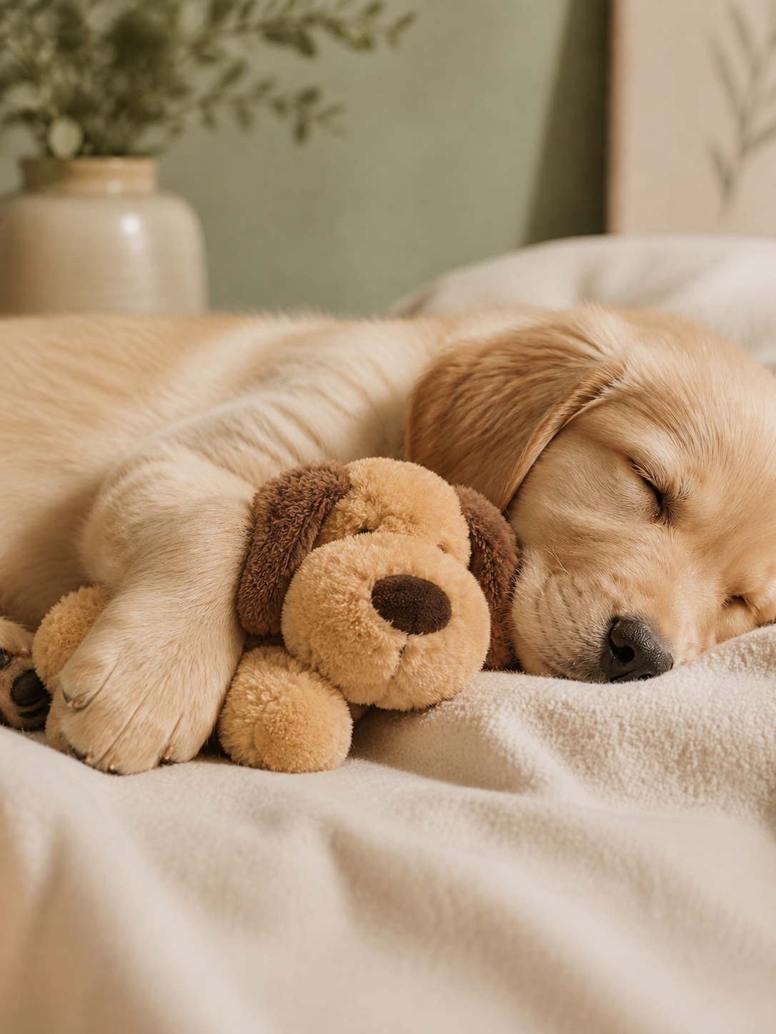 Golden retriever puppy sleeping peacefully while cuddling a CalmPawzzz comfort plush